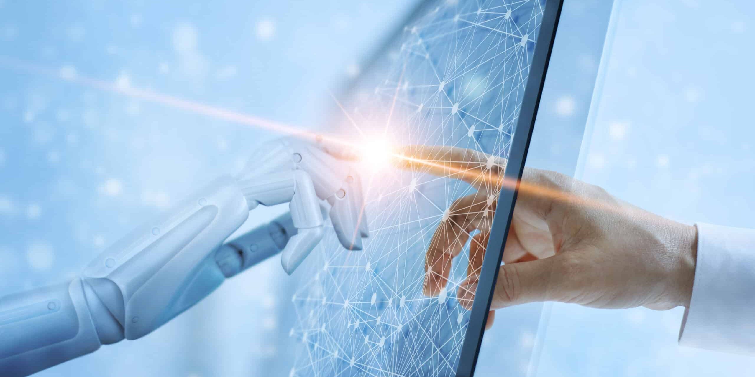 Hands of robot and human touching on global virtual network connection future interface. Artificial intelligence technology concept.