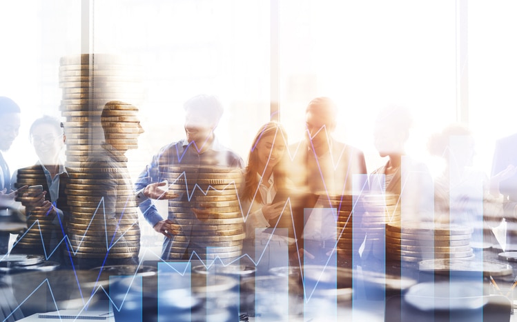 Multi exposure of colleagues in office, money and financial chart Private Equity Deals - What founders need to know